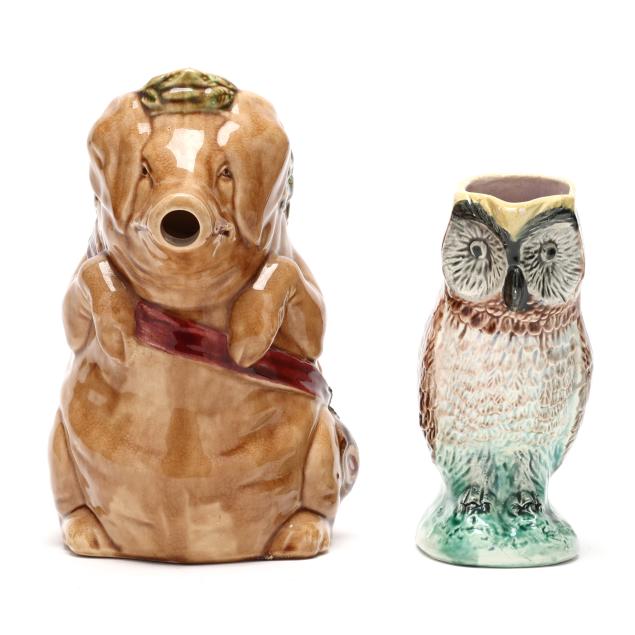 two-majolica-animal-themed-pitchers