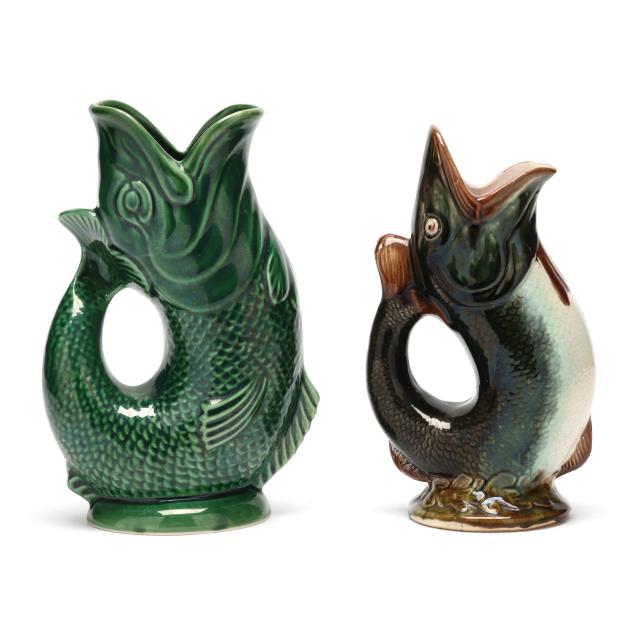 two-majolica-fish-form-pitchers