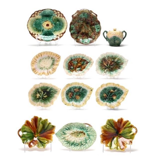 a-group-of-twelve-foliate-majolica-pieces