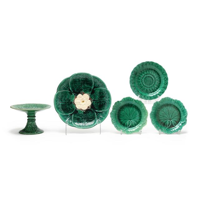 five-pieces-of-green-majolica-including-tazza