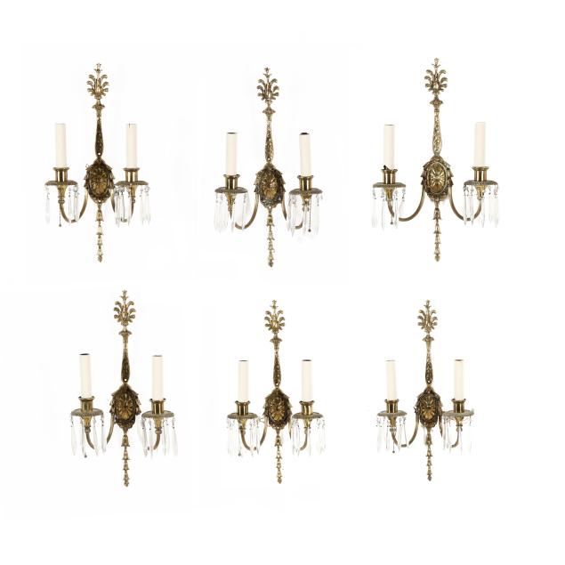 six-neoclassical-style-brass-drop-prism-two-light-wall-sconces