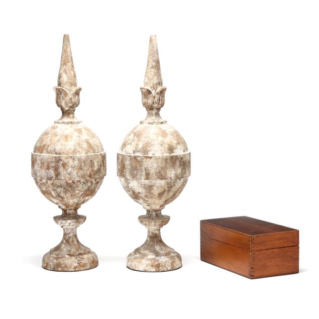 pair-of-tall-decorative-carved-mantel-ornaments-and-dovetailed-box