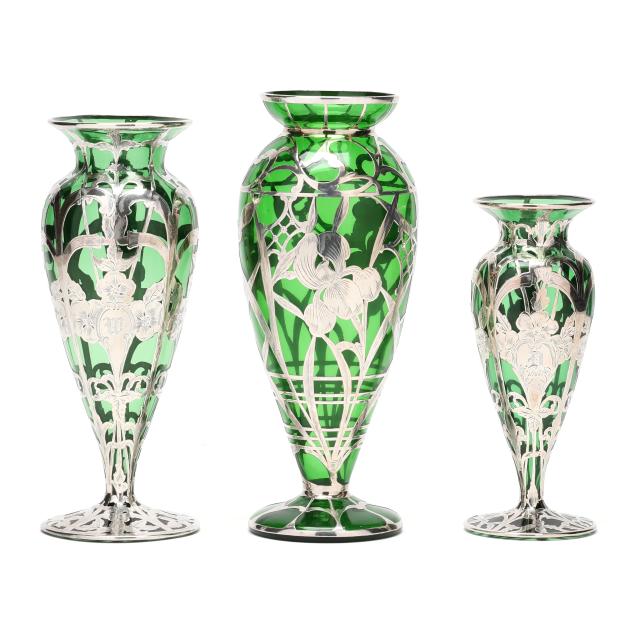 three-large-art-nouveau-silver-deposit-green-glass-vases