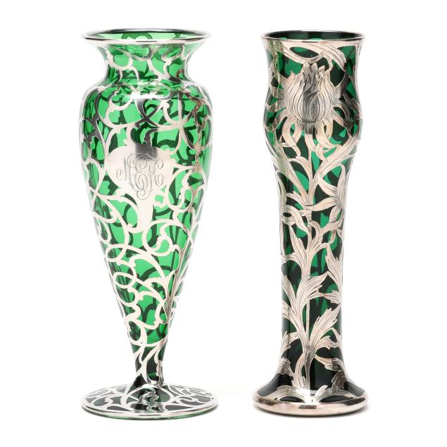 two-large-art-nouveau-fine-silver-deposit-green-glass-vases