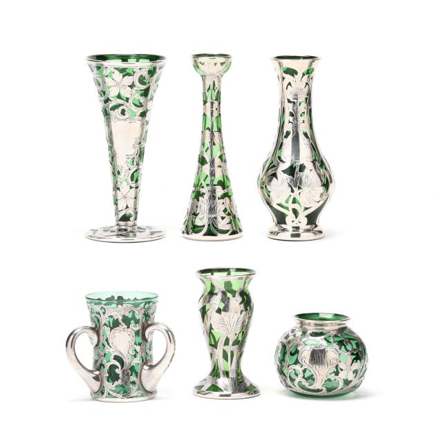 six-pieces-of-art-nouveau-sterling-silver-deposit-green-glassware