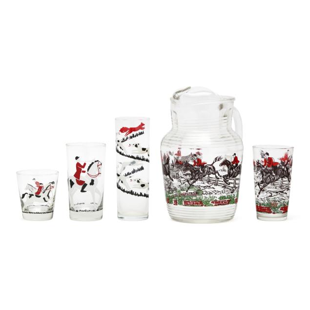 group-of-vintage-hunt-scene-glassware
