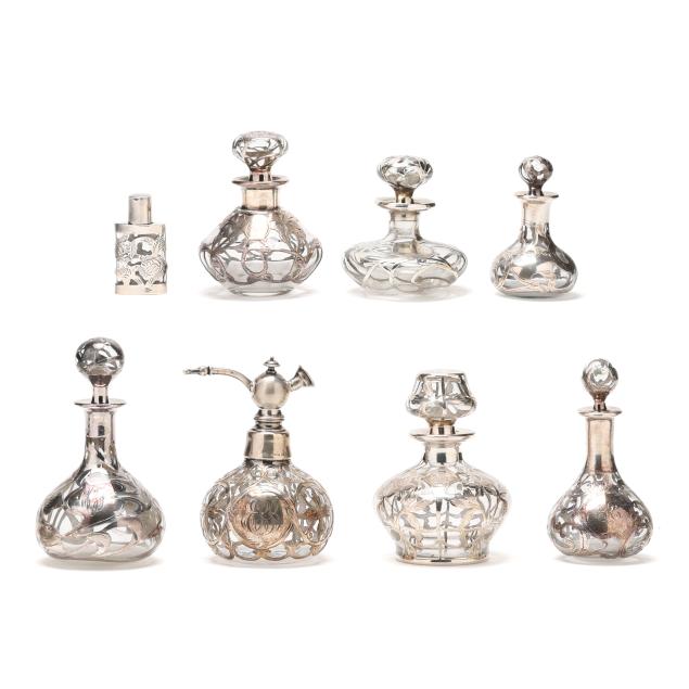 eight-art-nouveau-silver-deposit-perfume-bottles
