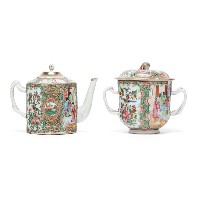 chinese-export-porcelain-rose-medallion-covered-jar-and-teapot