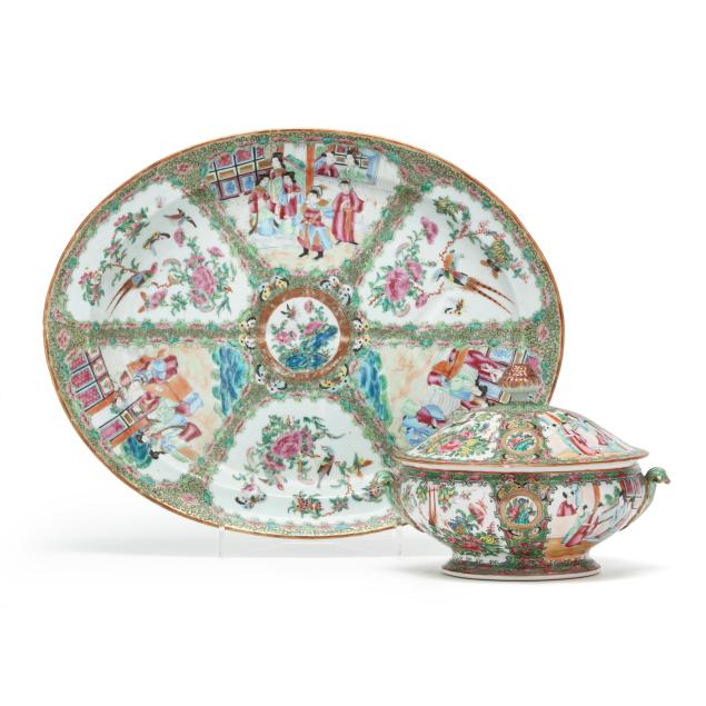 a-chinese-export-porcelain-rose-medallion-tureen-and-large-well-and-tree-platter