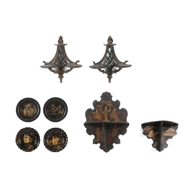 a-grouping-of-chinoiserie-lacquered-wall-shelves-and-four-plates
