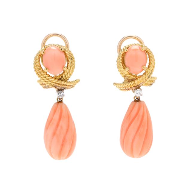 vintage-gold-coral-and-diamond-dangle-earrings
