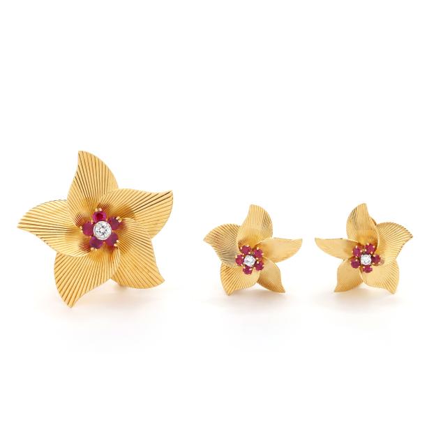 retro-gold-ruby-and-diamond-flower-motif-brooch-and-earrings-tiffany-co