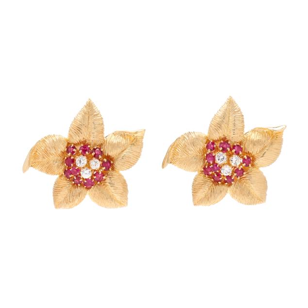 gold-ruby-and-diamond-flower-motif-earrings-tiffany-co