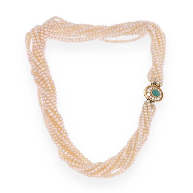 multi-strand-pearl-torsade-necklace-with-gold-and-gem-set-clasp