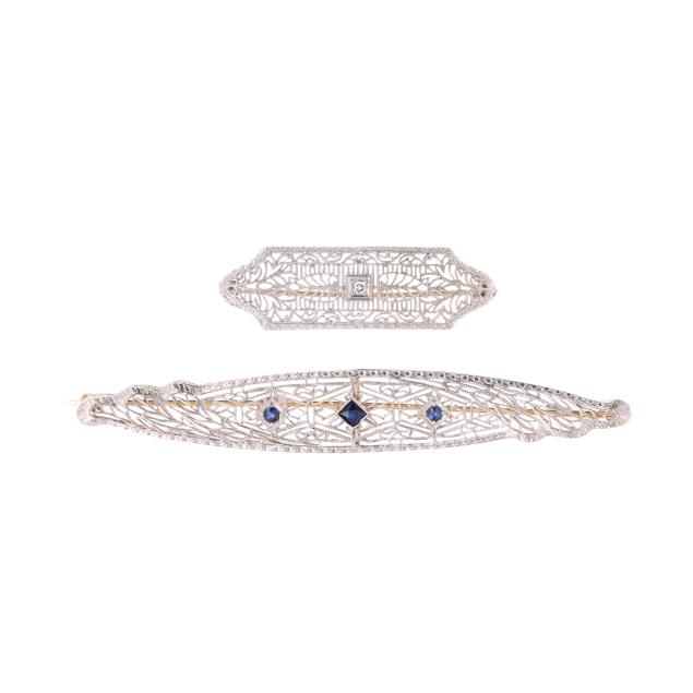 two-white-gold-platinum-and-gem-set-filigree-bar-brooches