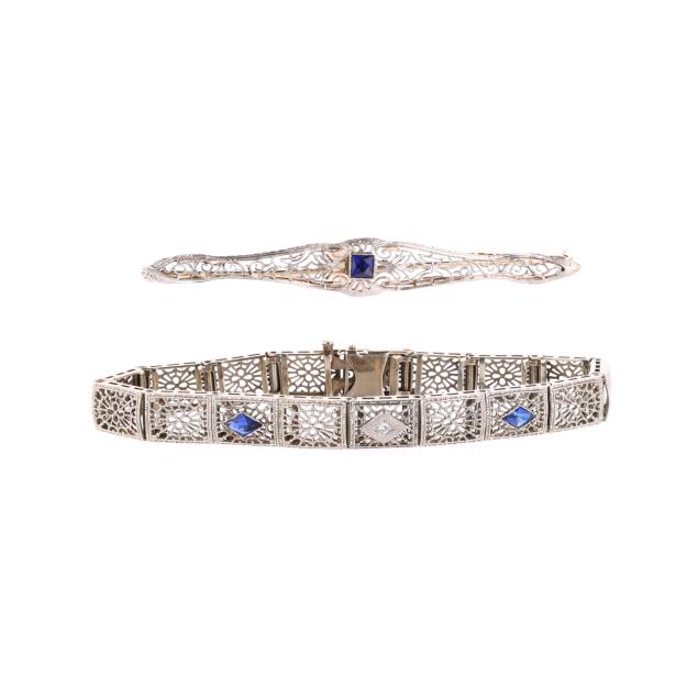white-gold-and-gem-set-filigree-bracelet-and-bar-brooch