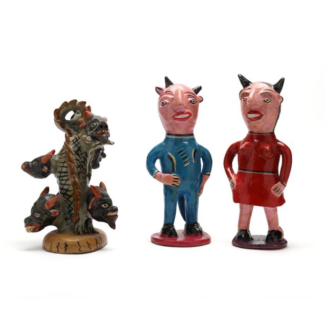 three-mexican-folk-pottery-figurals-with-devils-including-teodoro-martinez-benito-1949-2015