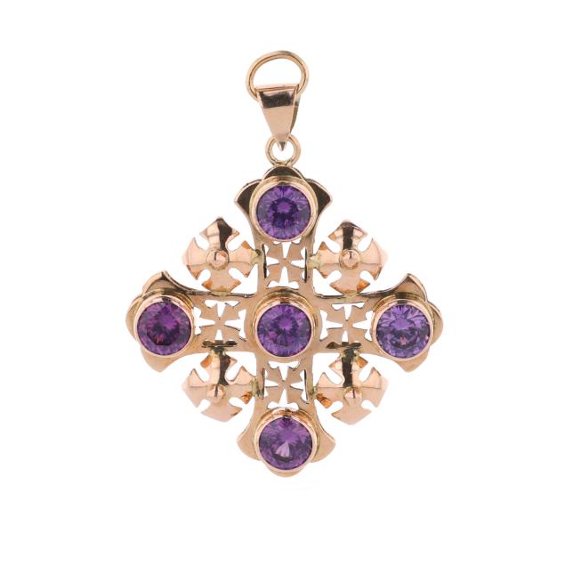 gold-and-synthetic-color-change-sapphire-cross-pendant