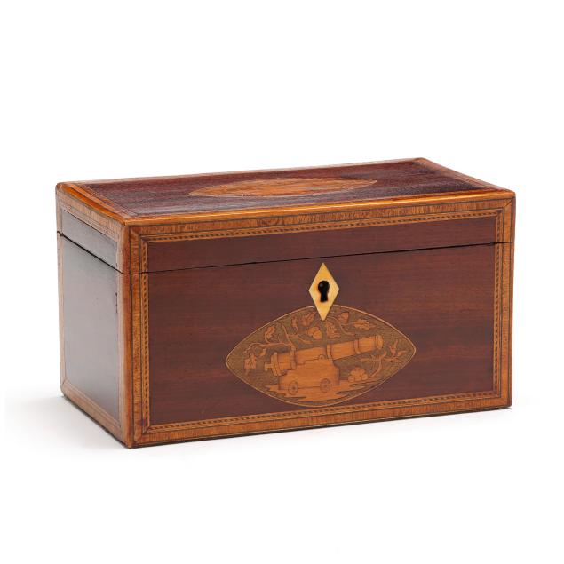 a-fine-english-mahogany-tea-caddy-with-field-artillery-inlay