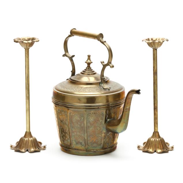 large-antique-brass-kettle-and-pair-of-flower-candlesticks