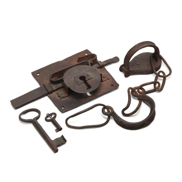 18th-century-hand-wrought-iron-box-rim-lock-and-shackles