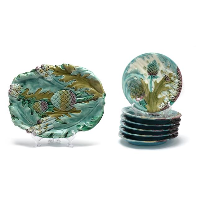 luneville-majolica-asparagus-and-artichoke-platter-and-plates