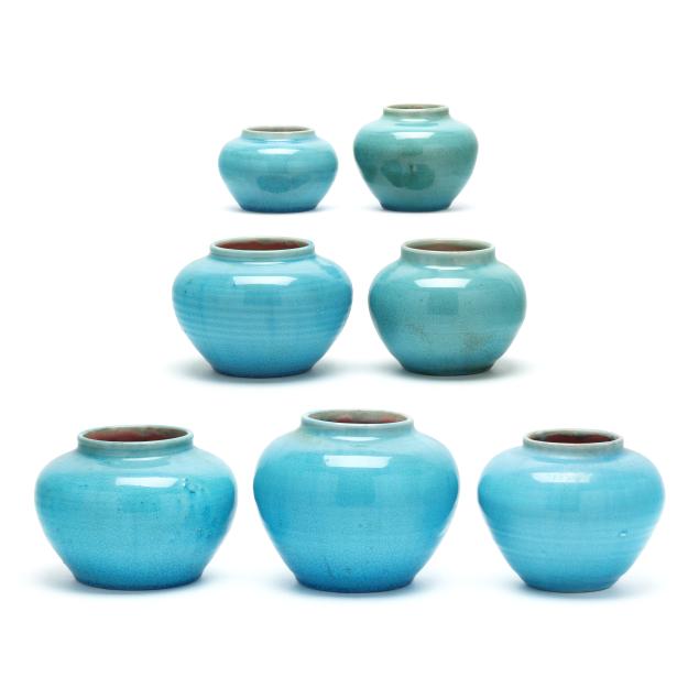 pisgah-forest-pottery-a-collection-of-seven-blue-crackle-glazed-vases