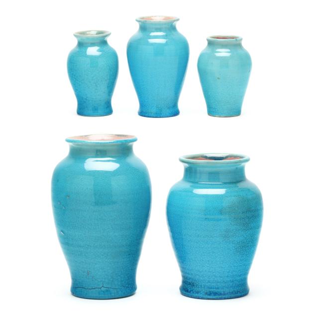 pisgah-forest-pottery-five-blue-crackle-vases