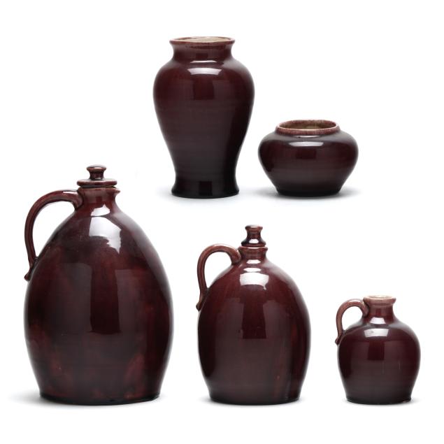 pisgah-forest-pottery-five-wine-crackle-glazed-vessels