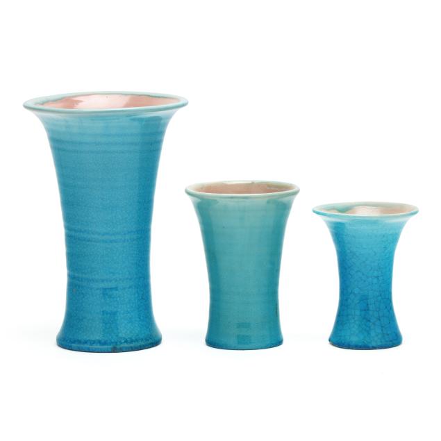 pisgah-forest-pottery-three-flared-crackle-blue-vases