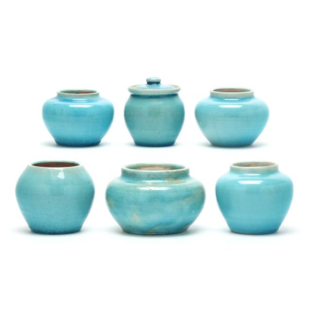 pisgah-forest-pottery-five-blue-crackle-vases-and-covered-sugar