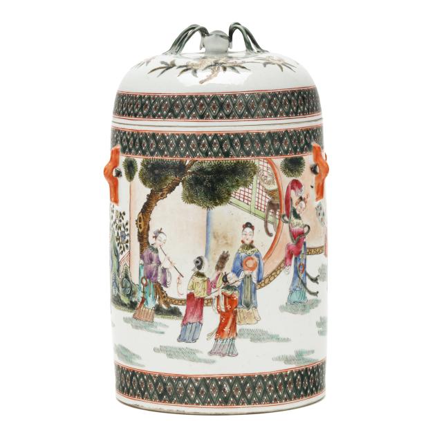 a-chinese-famille-verte-porcelain-cylindrical-jar-with-cover-and-spider-finial