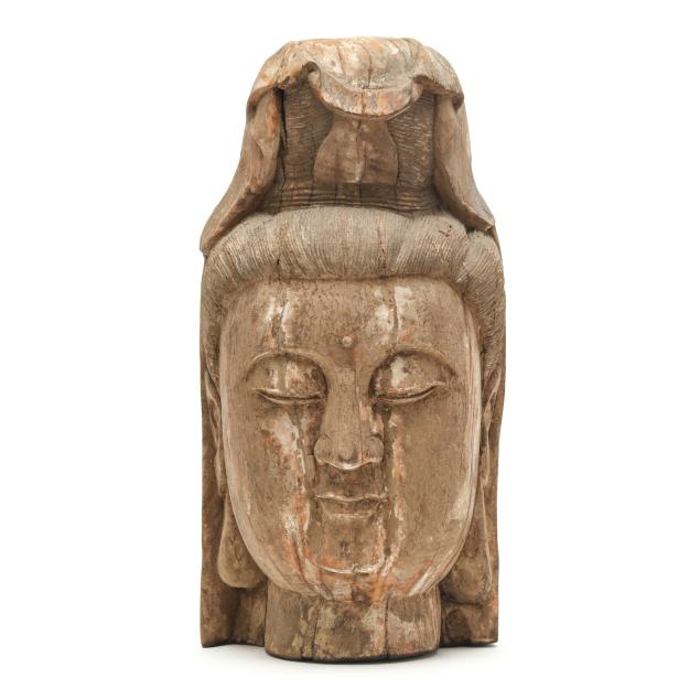an-impressive-chinese-carved-wood-painted-head-of-guanyin