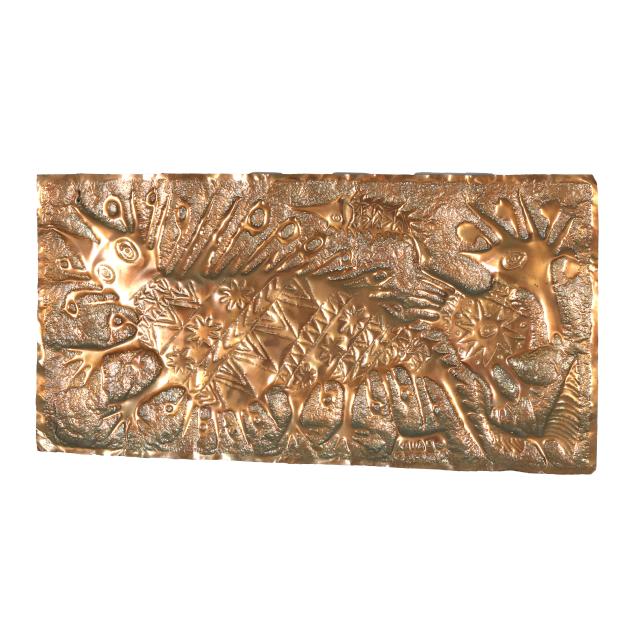 mathias-kauage-papuan-1944-2003-hand-worked-copper-plaque-of-figure-riding-a-creature