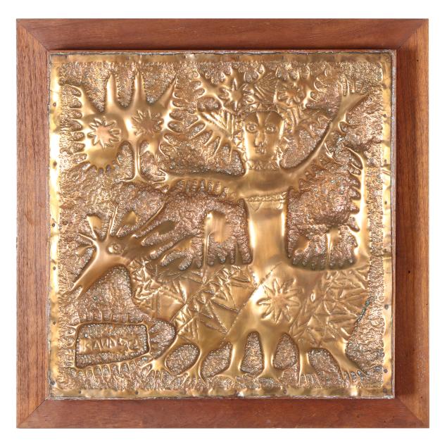 mathias-kauage-papuan-1944-2003-hand-worked-copper-plaque-of-figure-riding-a-creature