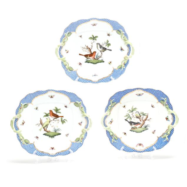 three-herend-i-rothschild-bird-blue-border-i-square-handled-cake-plates