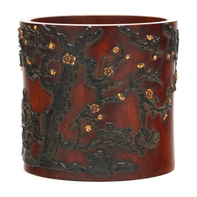 a-large-chinese-carved-wood-plum-blossom-brush-pot-with-imperial-poem