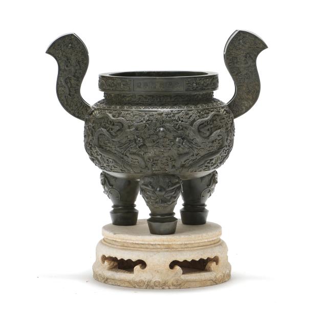 a-large-chinese-i-ding-i-style-censer-with-dragons-on-marble-stand