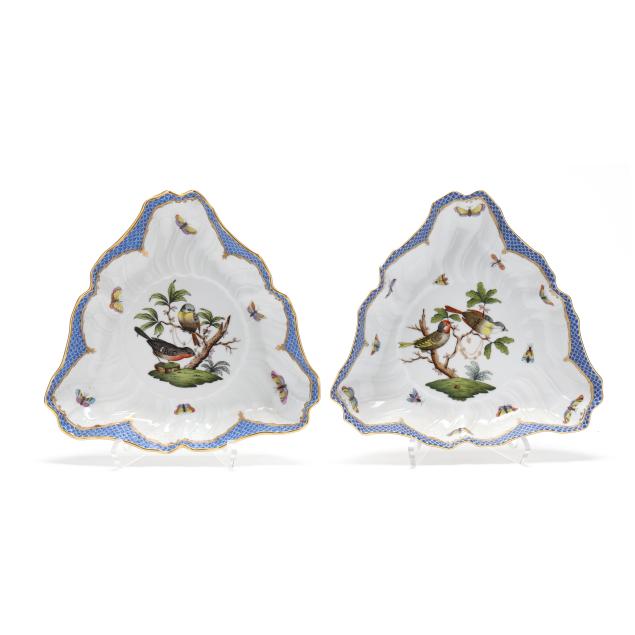pair-of-herend-i-rothschild-bird-blue-border-i-triangular-vegetable-bowls