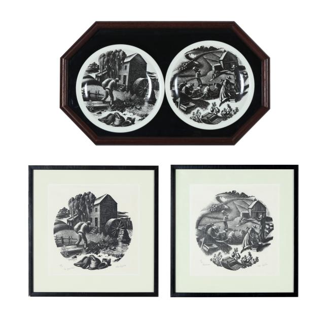 clare-leighton-american-1899-1989-two-wood-engravings-with-two-corresponding-wedgwood-cabinet-plates