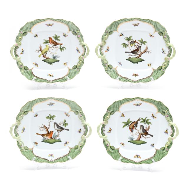 four-herend-i-rothschild-bird-green-border-i-square-handled-cake-plates
