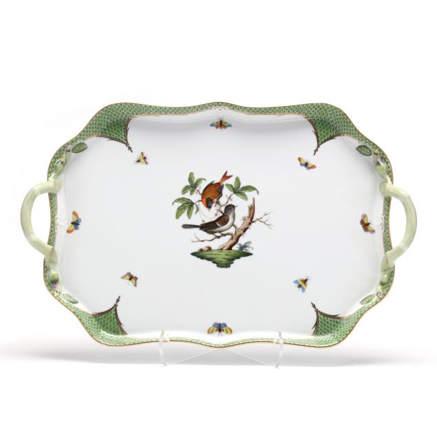 herend-i-rothschild-bird-green-border-i-large-handled-serving-tray