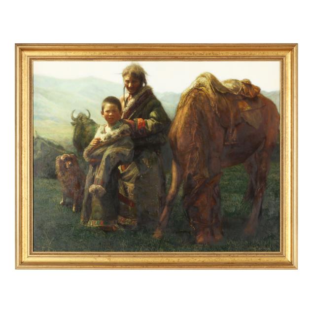 zhiyue-zheng-chinese-b-1957-woman-and-boy-with-horse