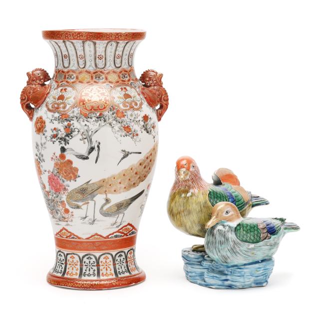 a-large-japanese-kutani-vase-and-bird-figural-group