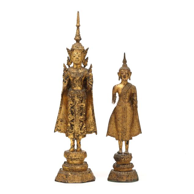 two-thai-gilt-bronze-standing-buddha-sculptures