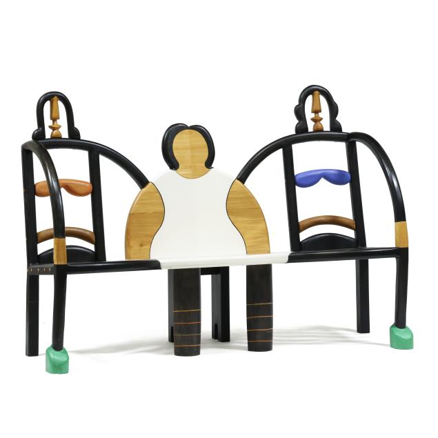 alan-siegel-american-b-1938-i-momma-and-twins-i-figural-memphis-painted-bench