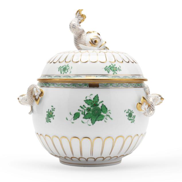 Herend Chinese Bouquet Green Lidded Dolphin Tureen with Underplate