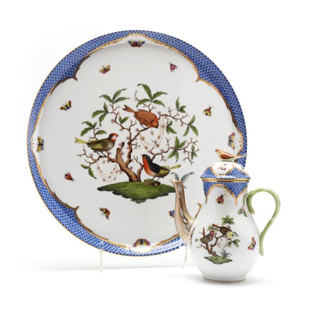 herend-i-rothschild-bird-blue-border-i-tray-and-coffee-pot