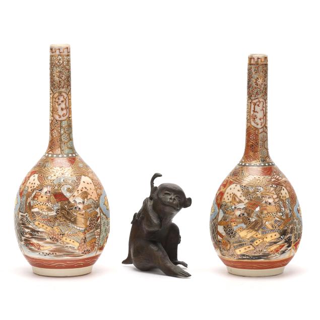 a-japanese-bronze-monkey-okimono-and-pair-of-satsuma-vases