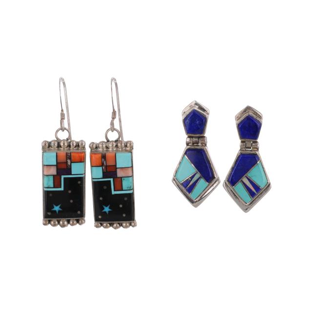 two-pairs-of-navajo-silver-and-inlaid-earrings-signed